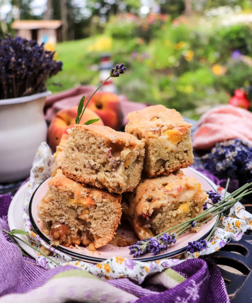 Peach Cake Bars with Lavender and Walnuts