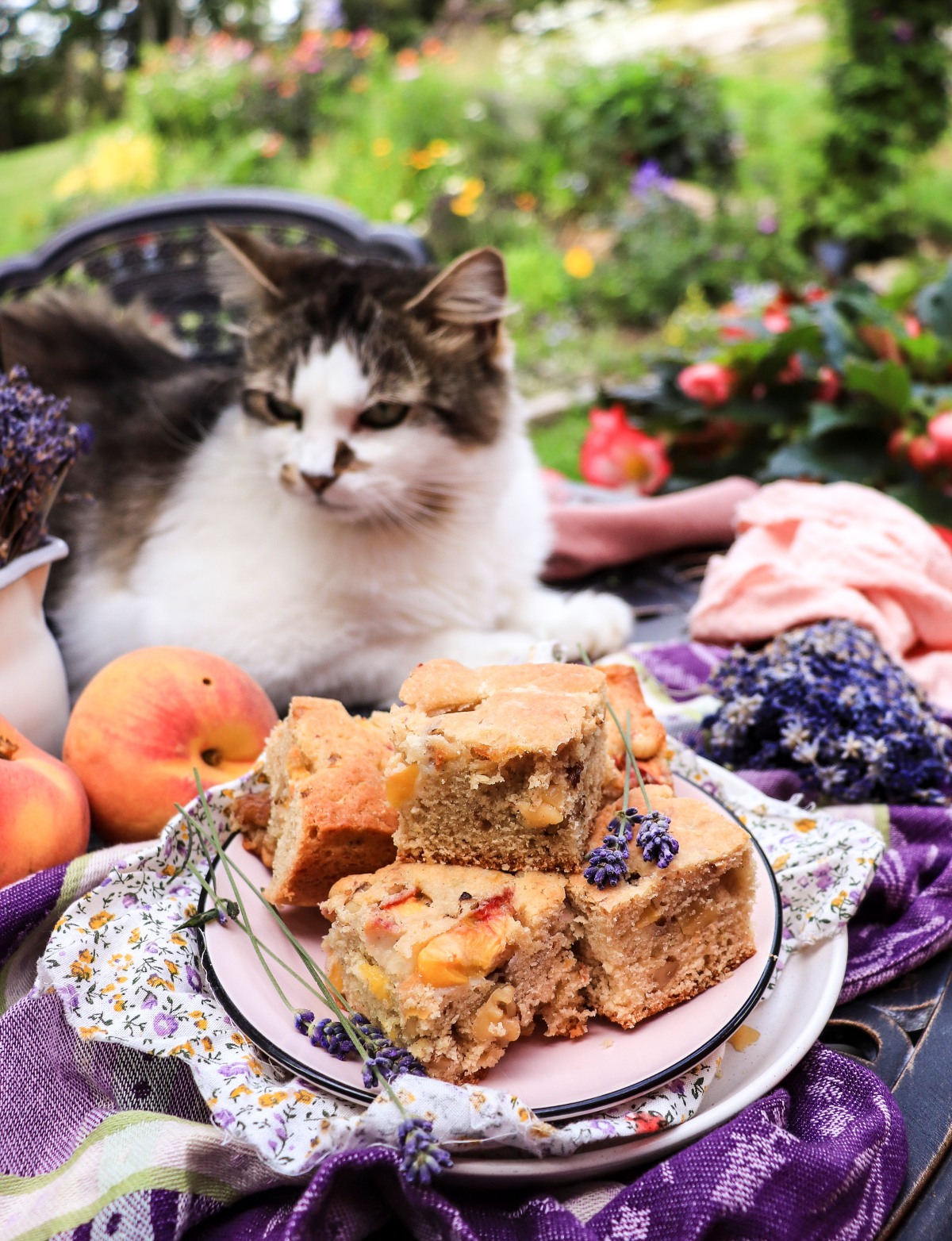 Easy peach cake bars with fresh peaches and walnuts