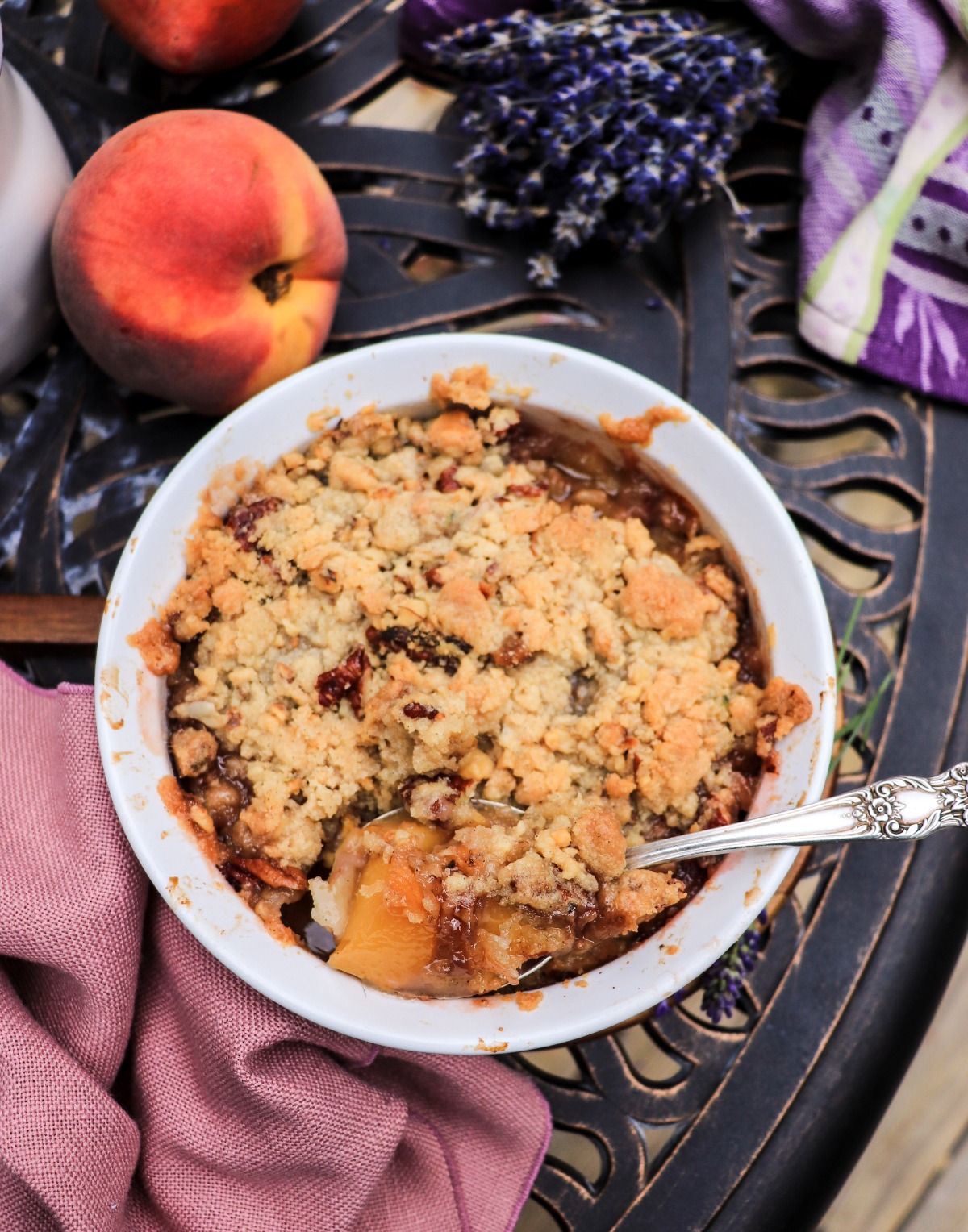 Easy peach crumble with lavender and pecans