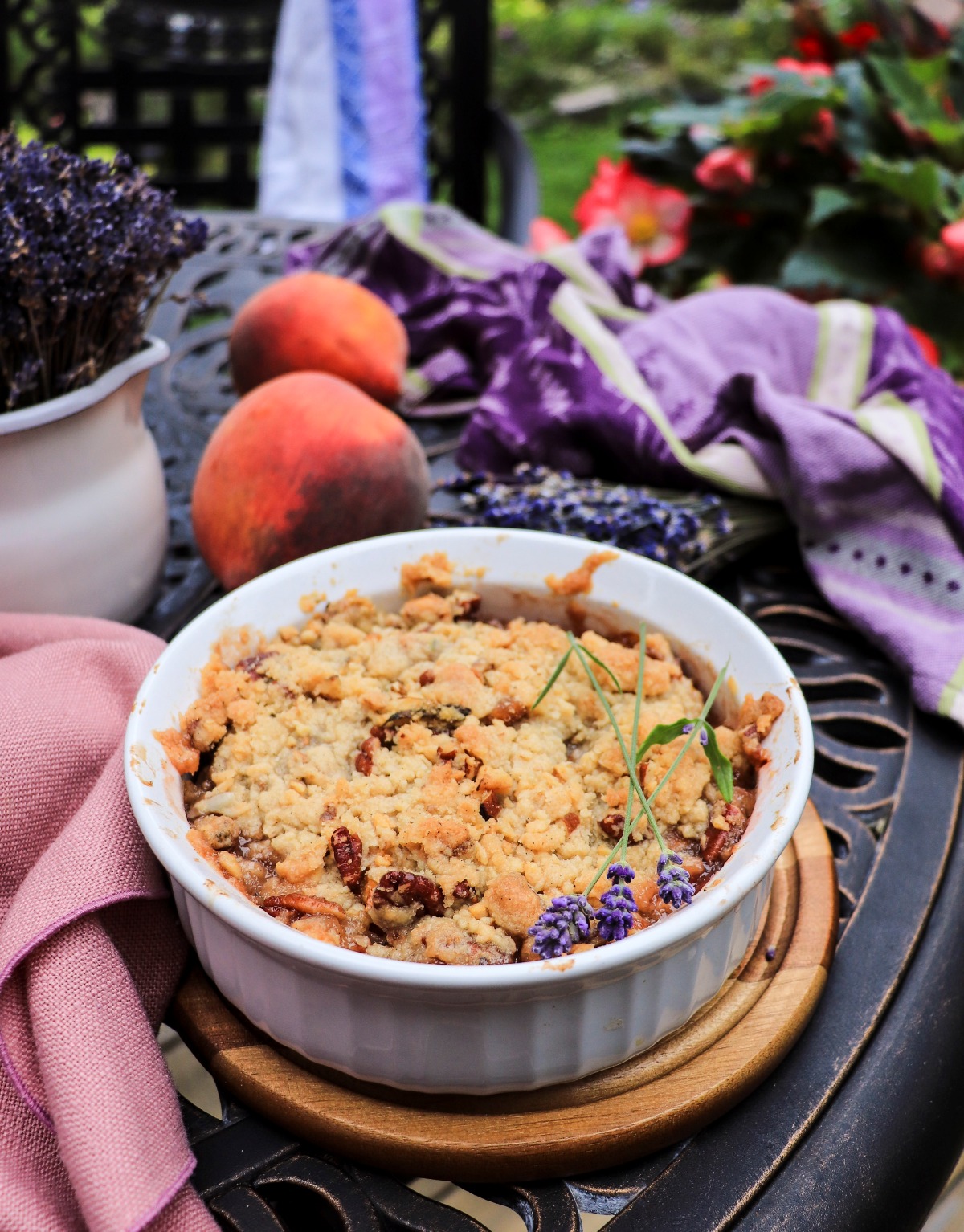 Fresh peach crumble with lavender