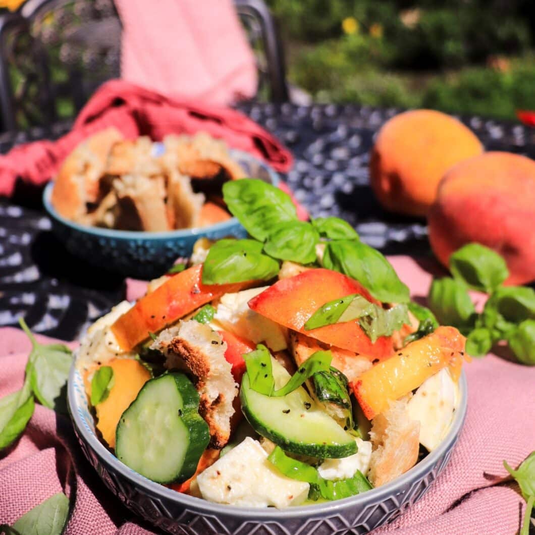 Peach Cucumber Salad with Mozzarella and Toasted Bread