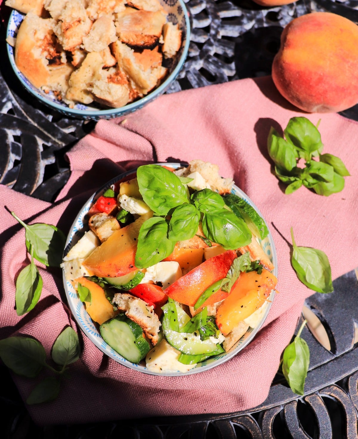 Peach and cucumber salad with fresh mozzarella and skillet-toasted bread
