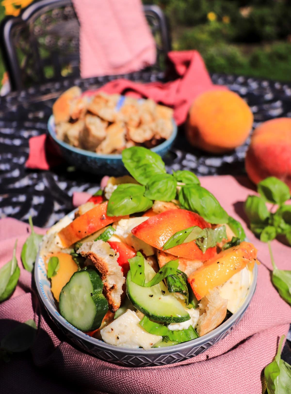 Savoury peach salad with crisp cucumber, mozzarella, basil, and toasted bread