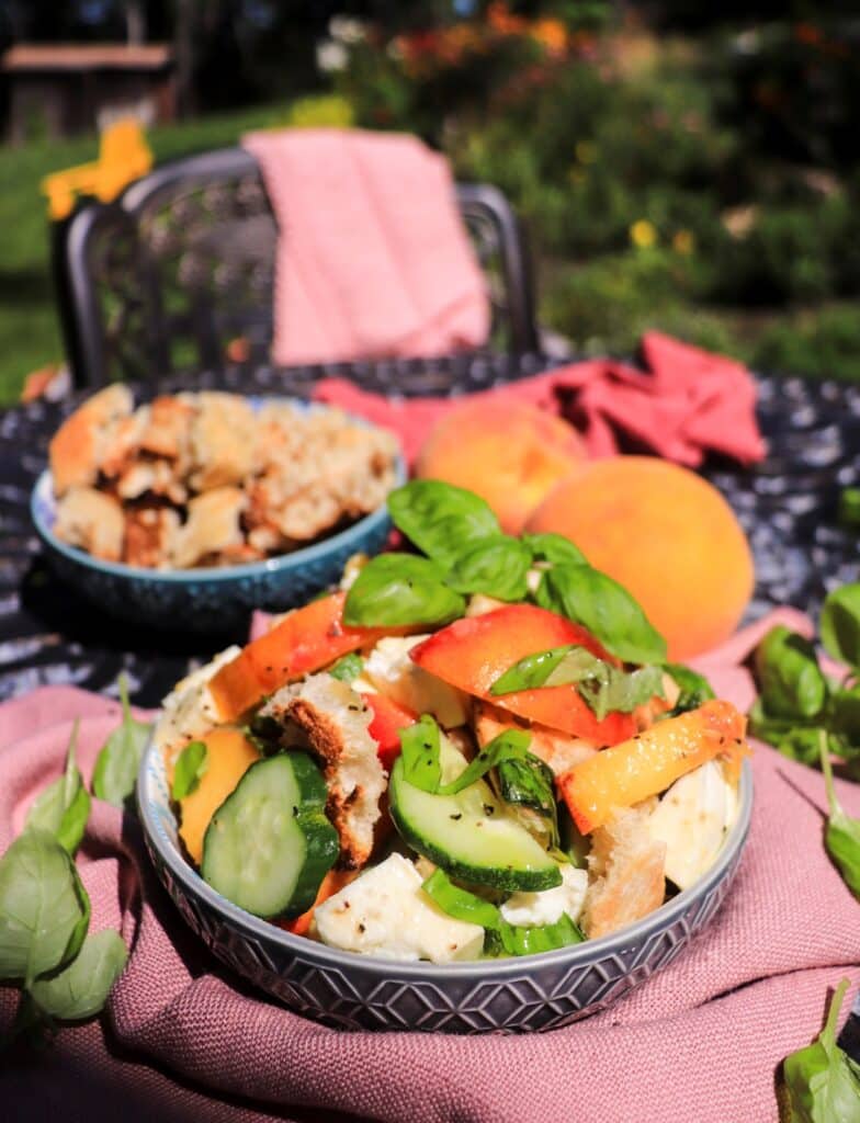 Peach Cucumber Salad with Mozzarella and Toasted Bread