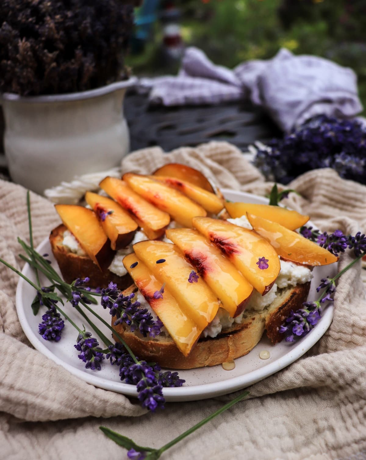 Ricotta peach toast with honey and lavender