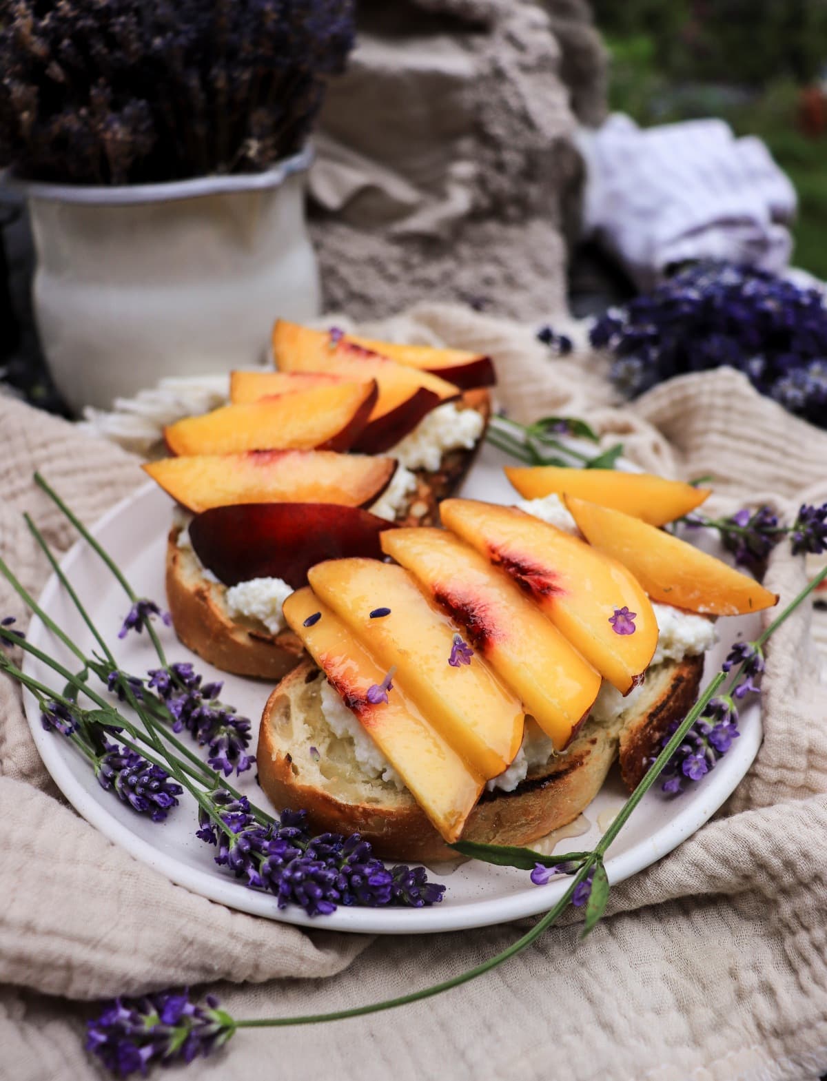 Peach toast with ricotta and lavender