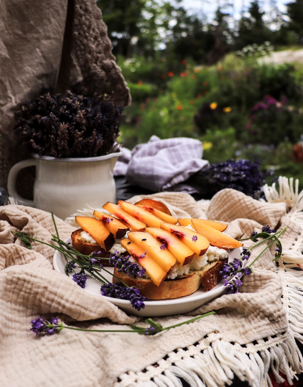 Summer peach ricotta toast with lavender