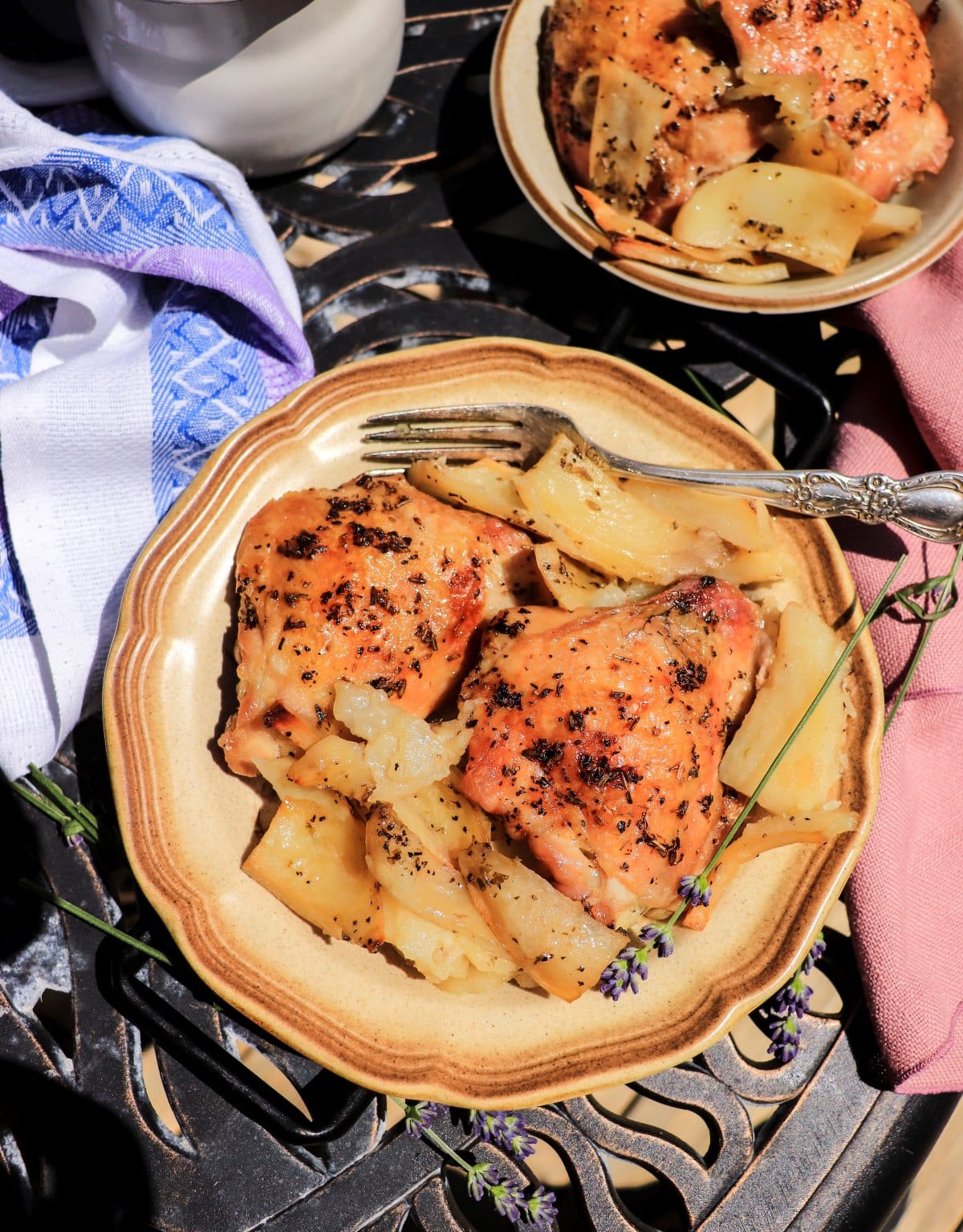 Lavender roasted chicken thighs with potatoes and lemon