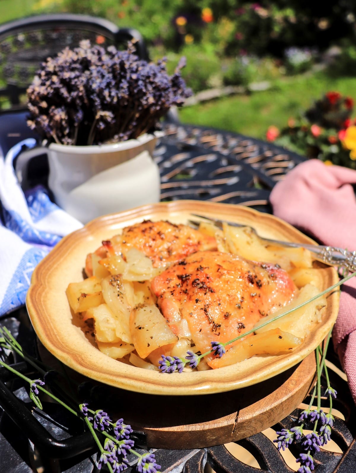 Roasted chicken and potatoes recipe with lavender