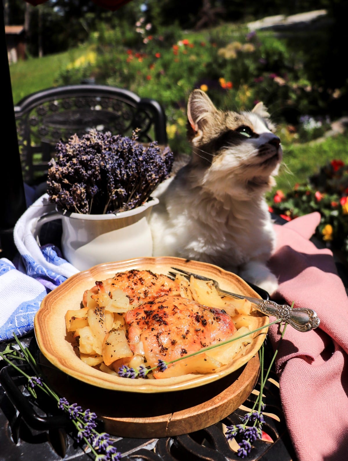 roasted chicken and potatoes with lavender