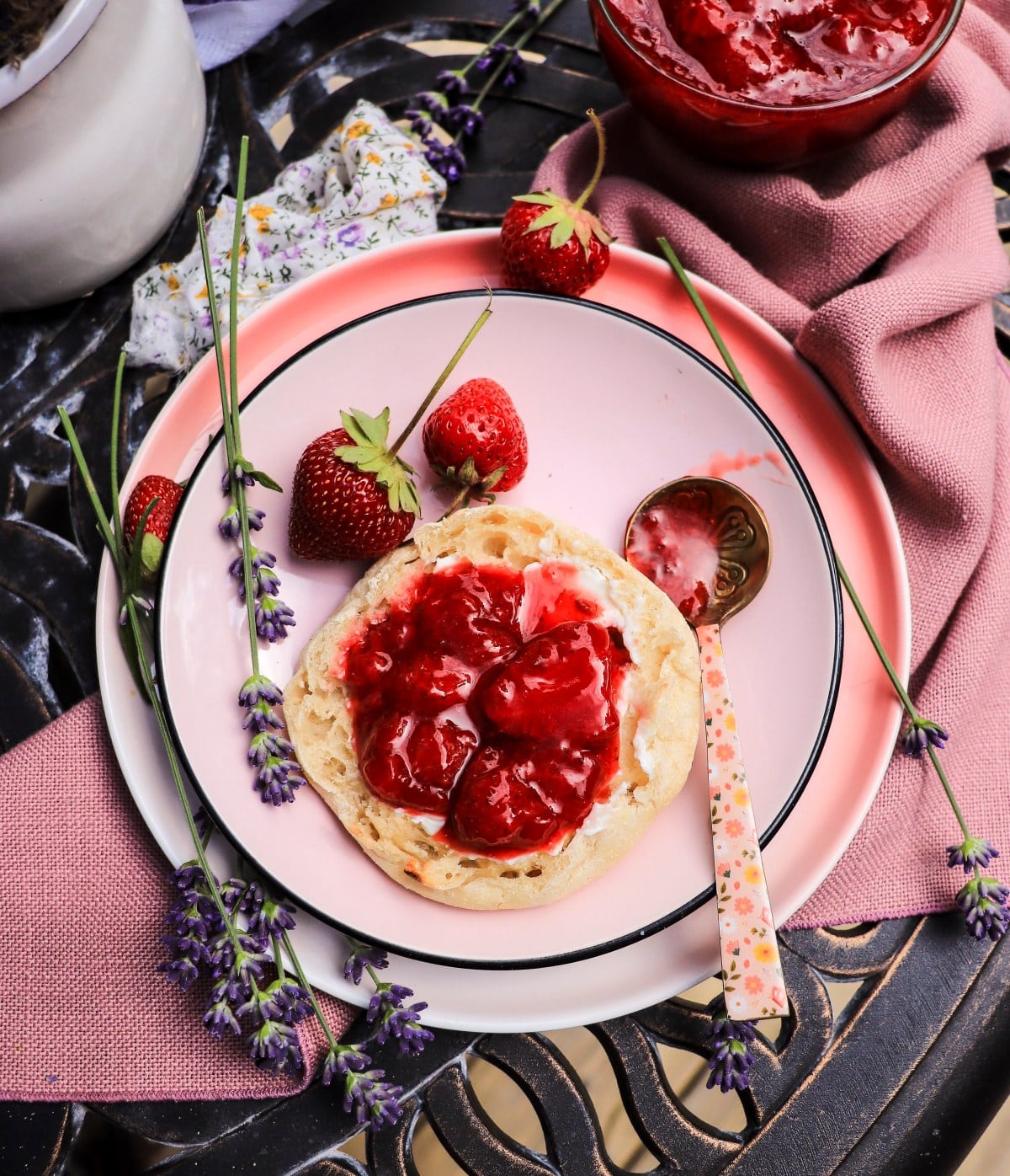 strawberry jam with lavender on English muffin
