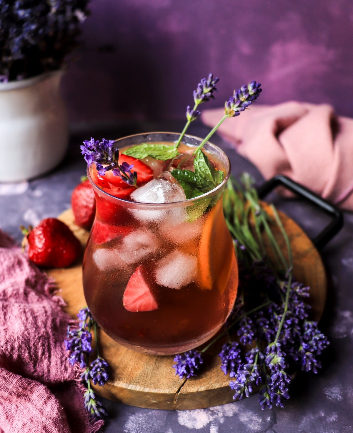 lavender strawberry sangria with orange and mint