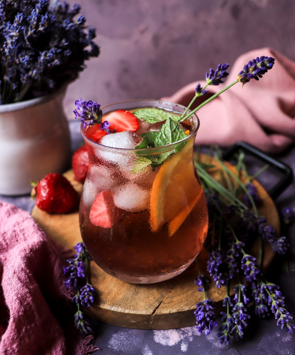 lavender sangria with  rosé  and strawberries