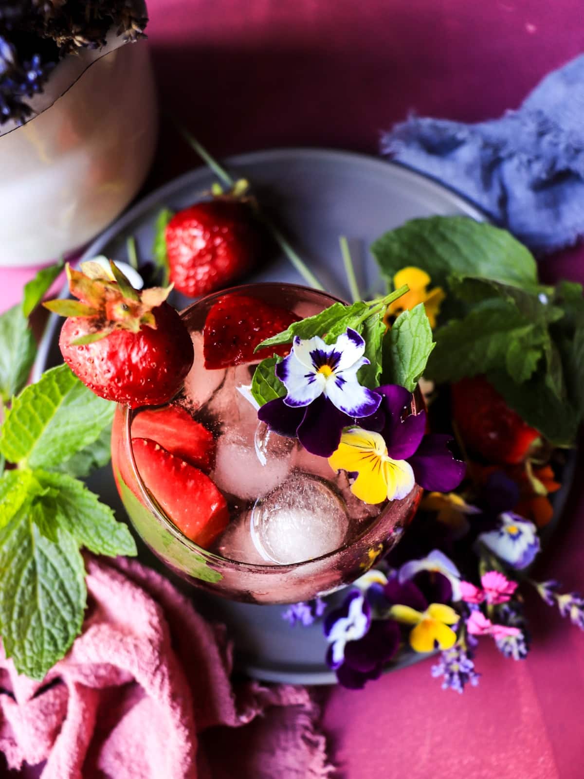 Strawberry sangria with rosé and violet liqueur