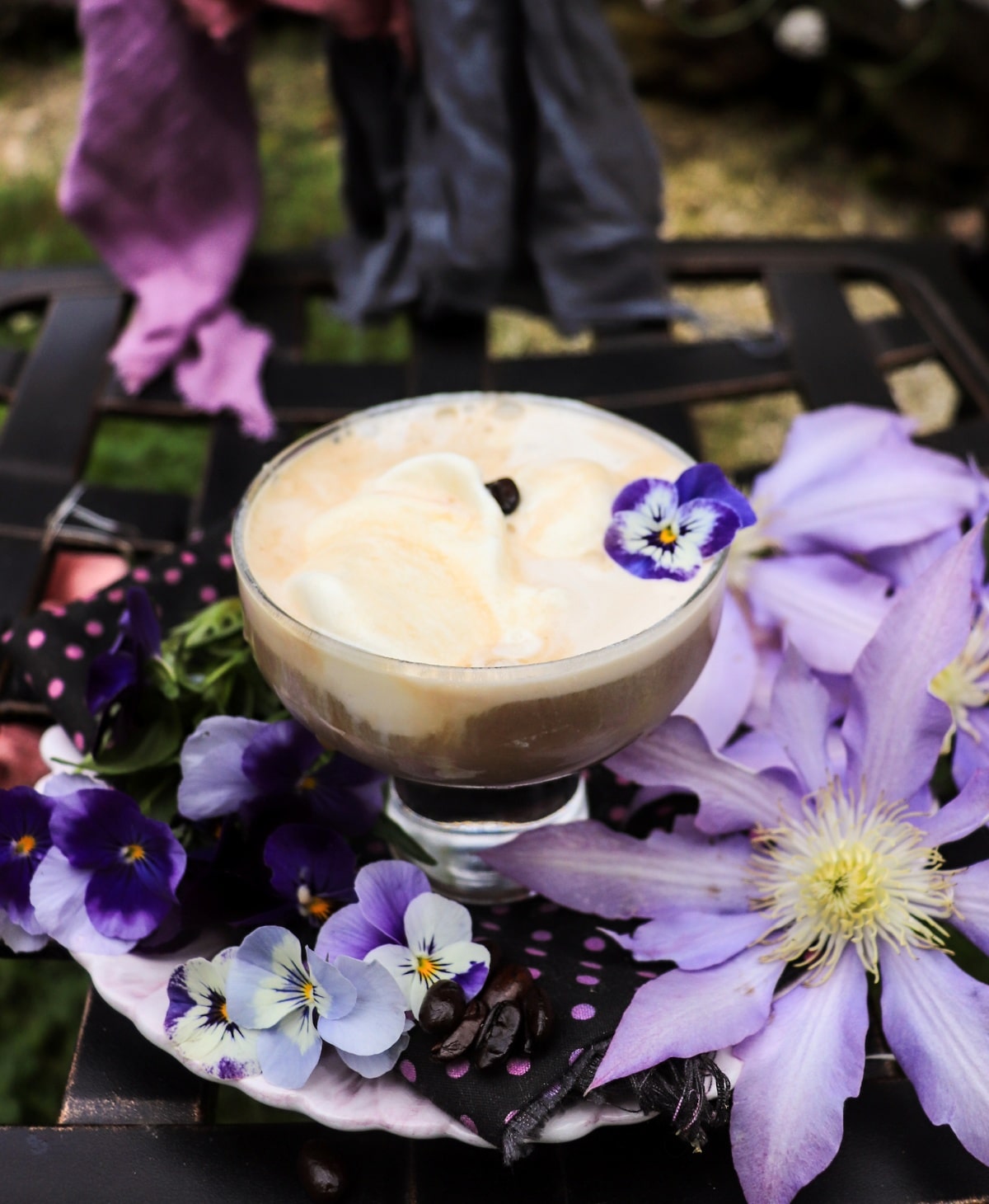 Violet affogato with vanilla ice cream, espresso, and crème de violette