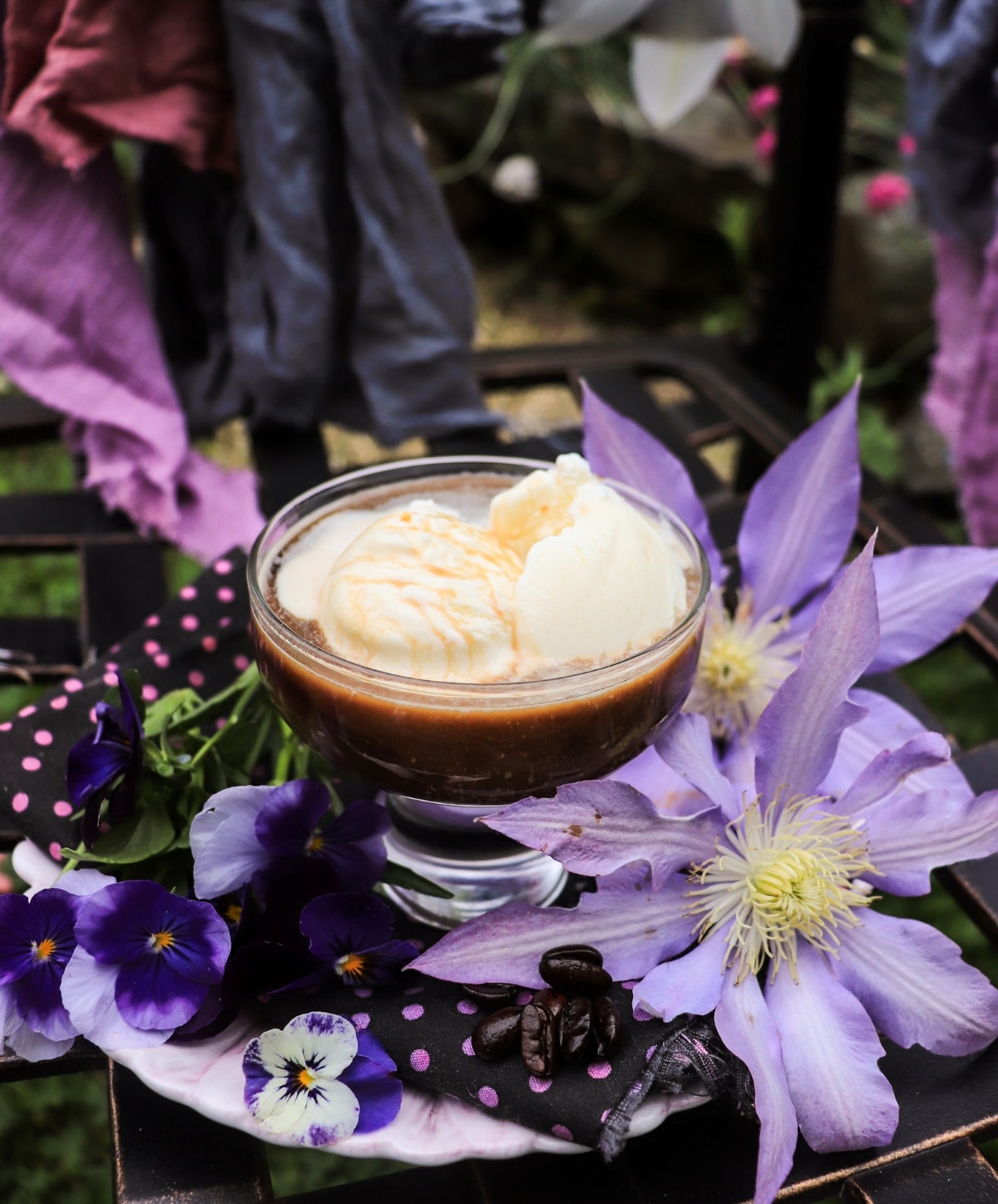 affogato with vanilla ice cream and violet liqueur (crème de violette)