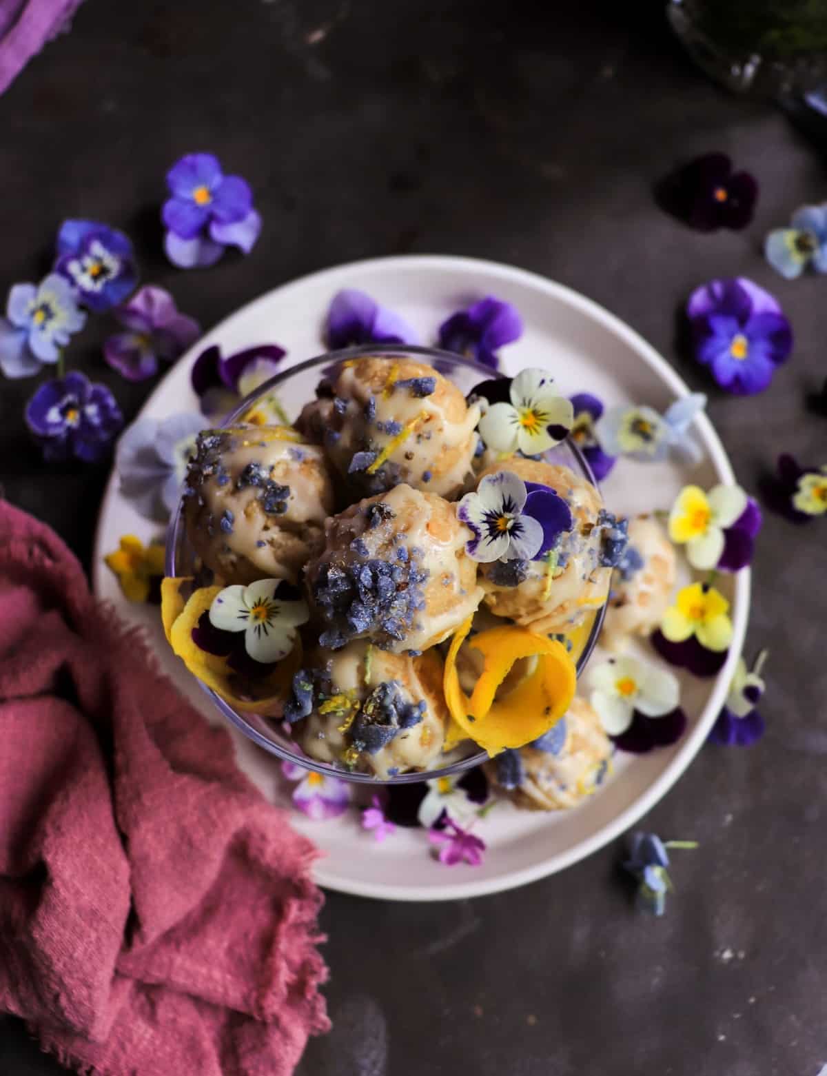 Lemon violet truffles made with vanilla wafers and cashews