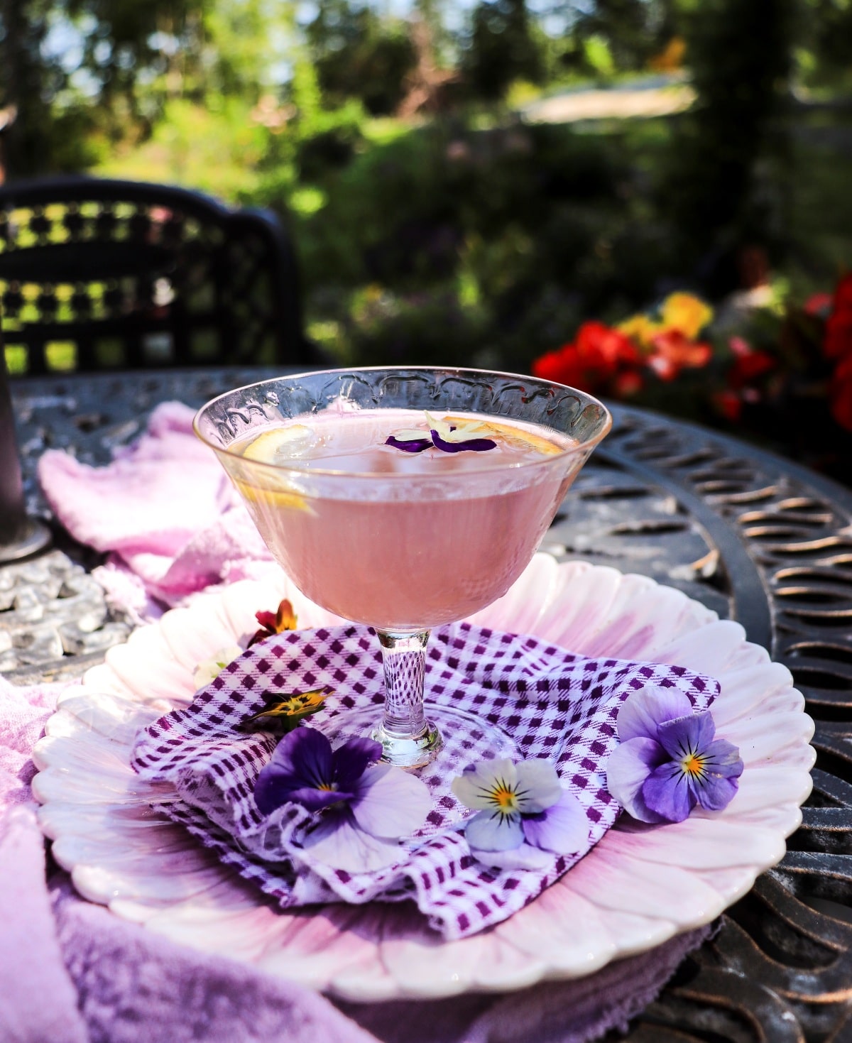 Gin and crème de violette cocktail with Cointreau, lemon,