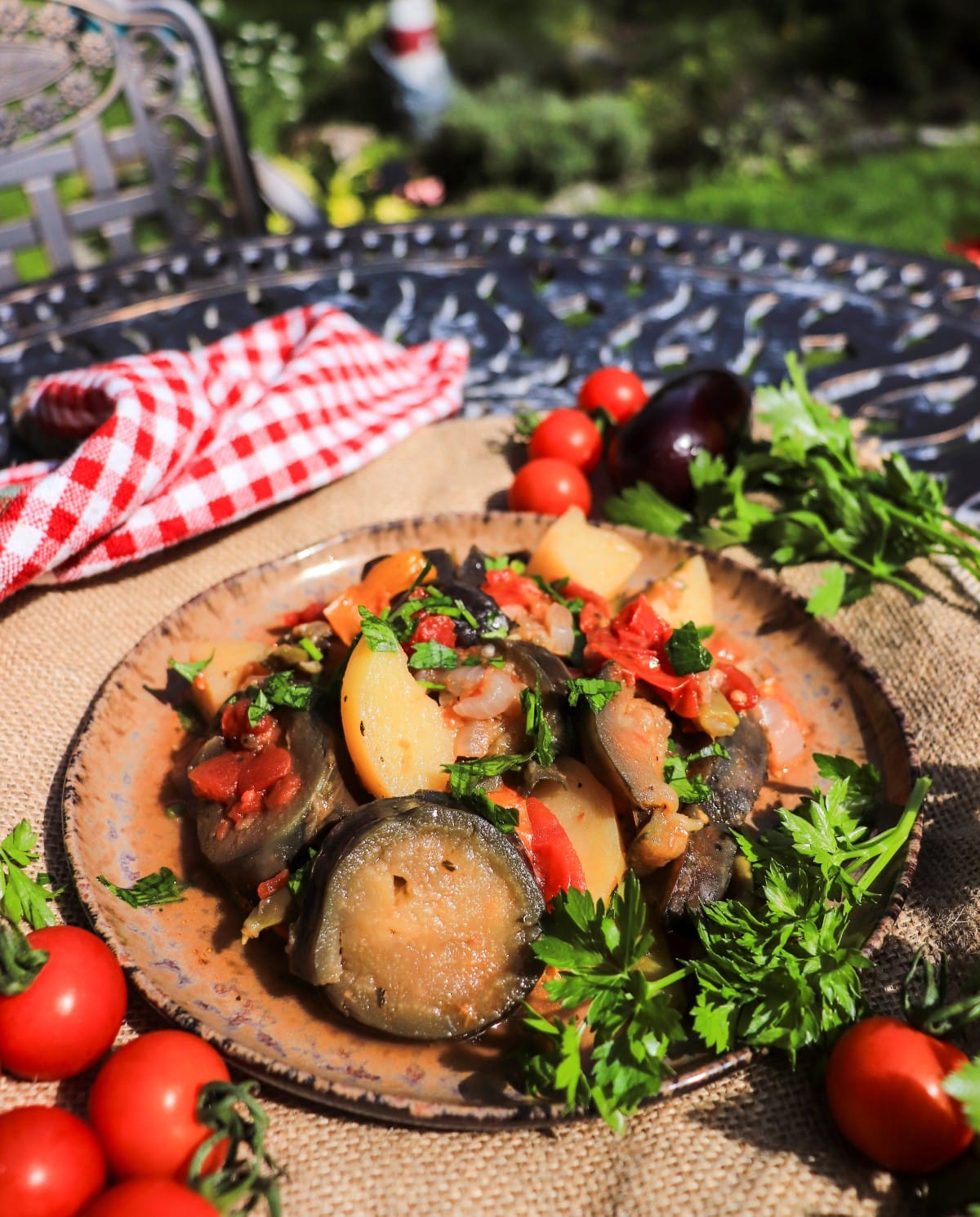 layered vegetable stew with tomatoes and eggplant