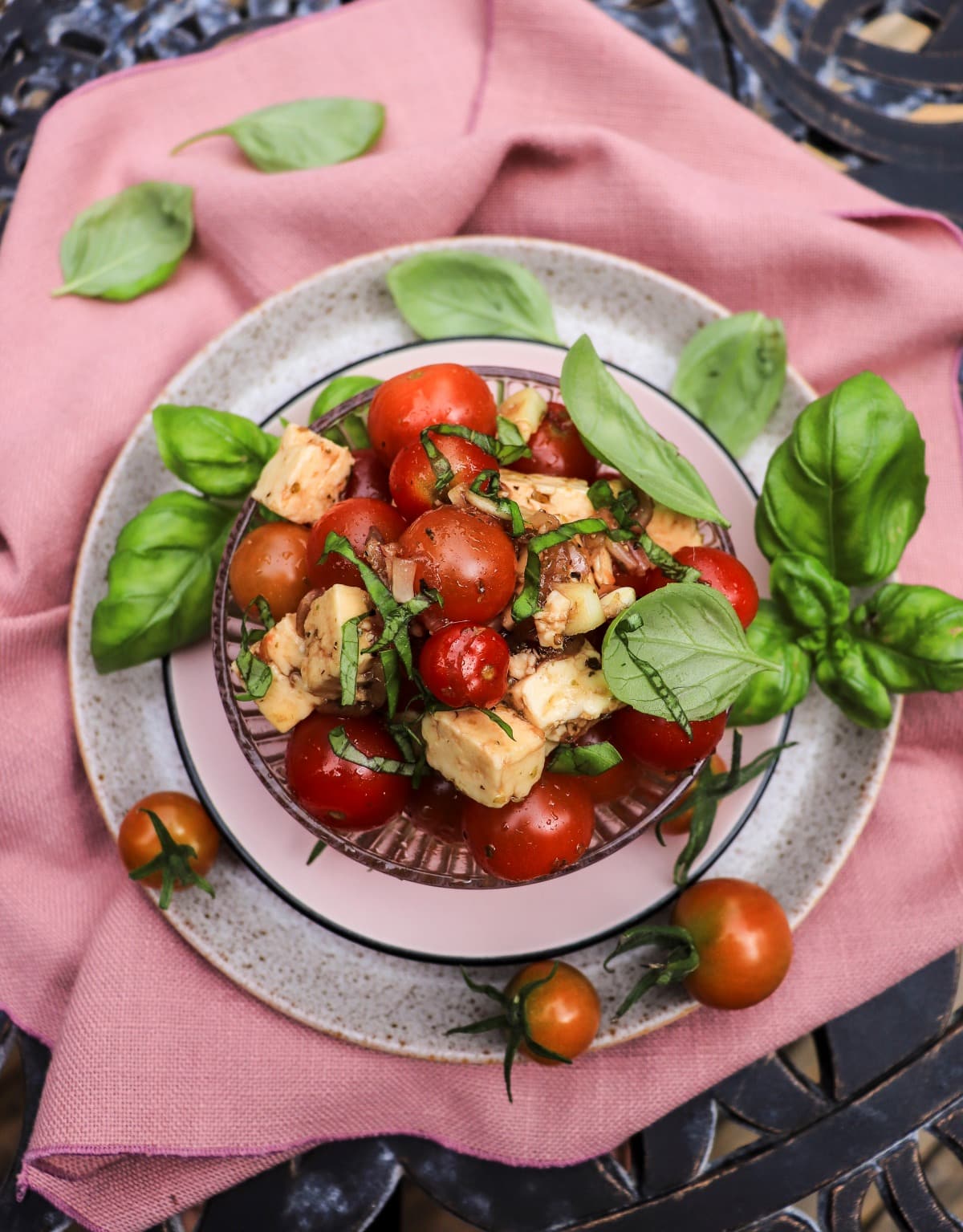 balsamic cherry tomatoes with feta, olive oil, and basil
