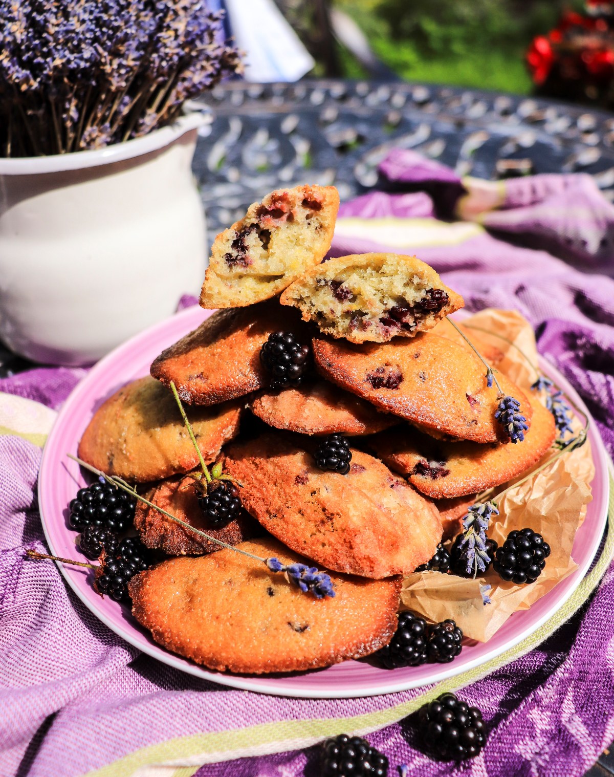 blackberry madeleines with fresh blackberries, honey and lavender 