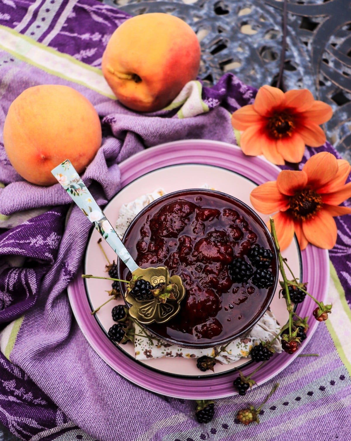 Peach and blackberry jam with maple sugar