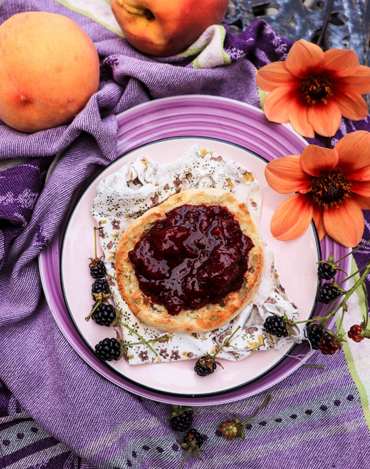 peach and blackberry jam with maple sugar (chunky, less sweet)
