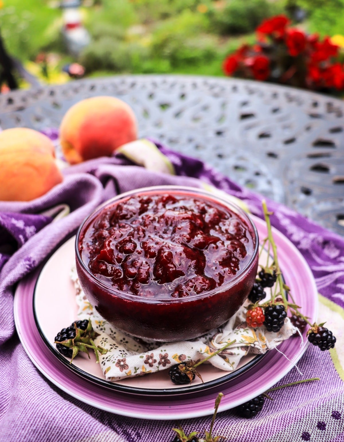 Less sweet peach and blackberry jam with maple sugar