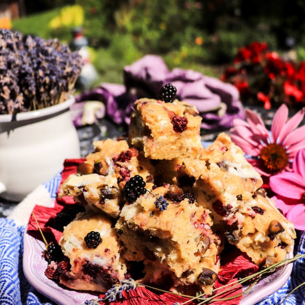 Blackberry Pistachio Bars with Lavender and White Chocolate