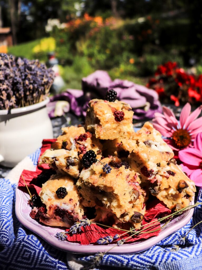 Blackberry Pistachio Bars with Lavender and White Chocolate