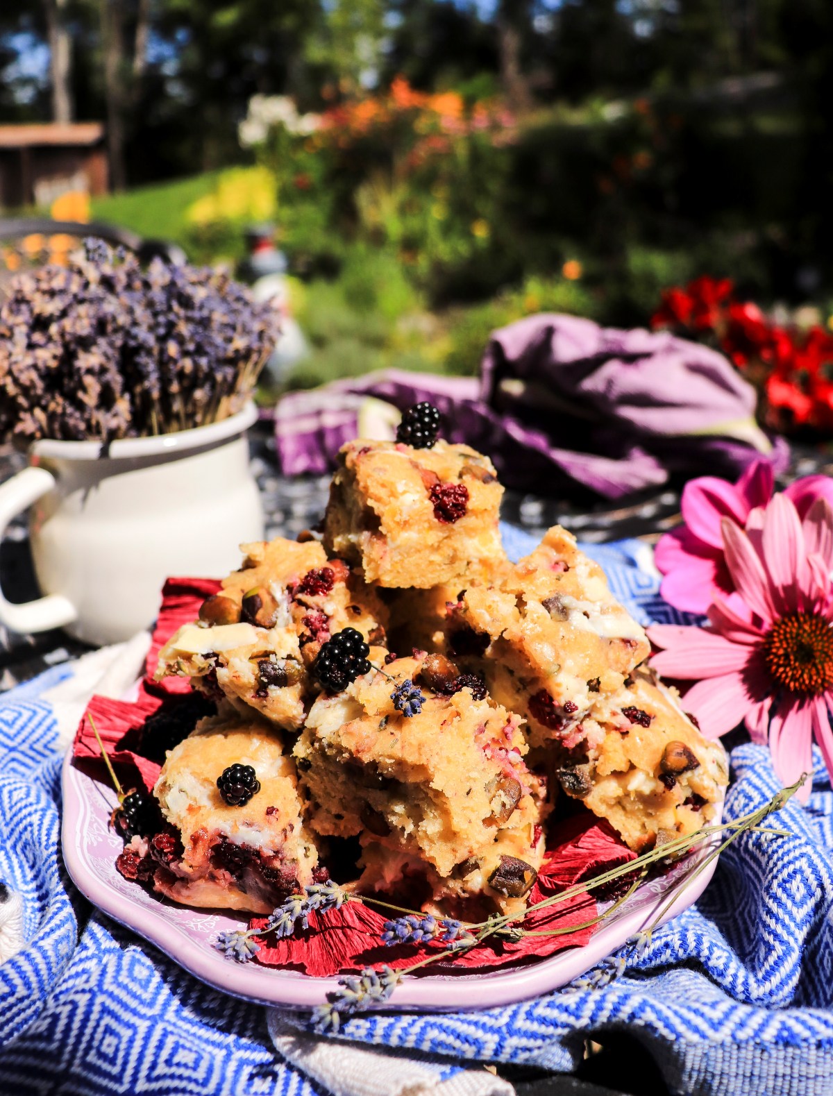 pistachio bars with blackberries, lavender and white chocolate