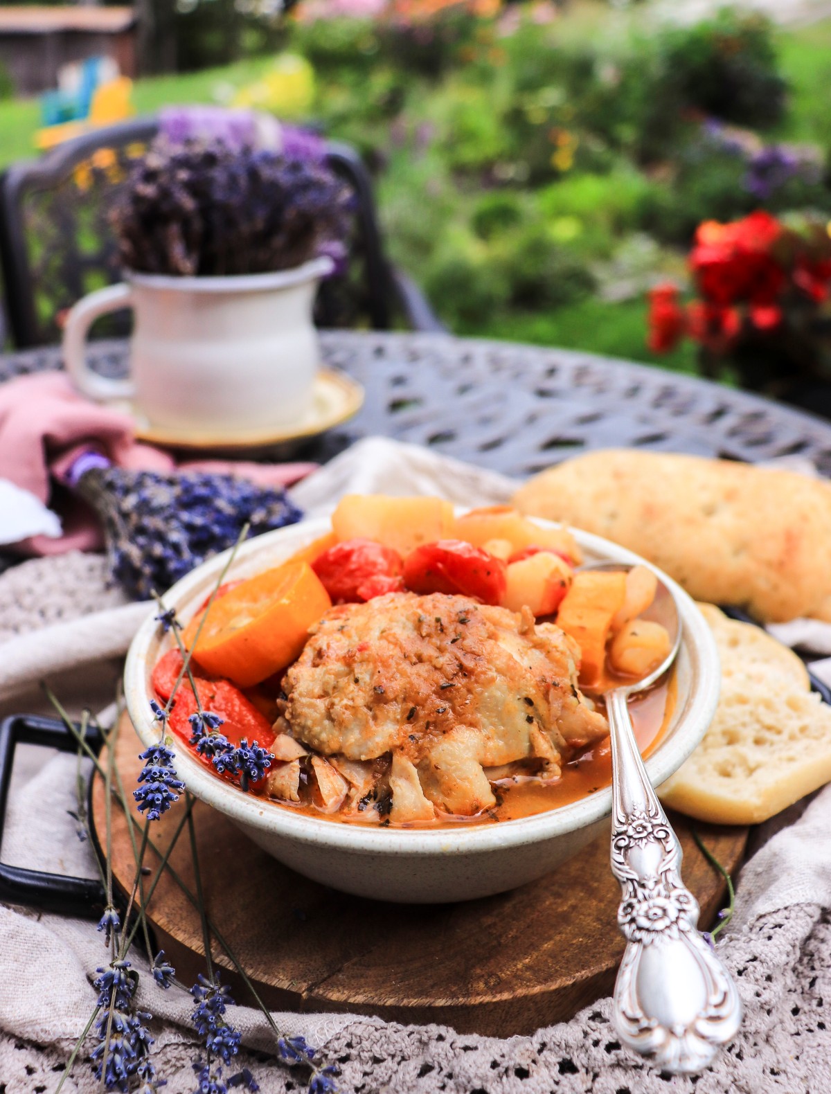 summer chicken stew with vegetables and lavender
