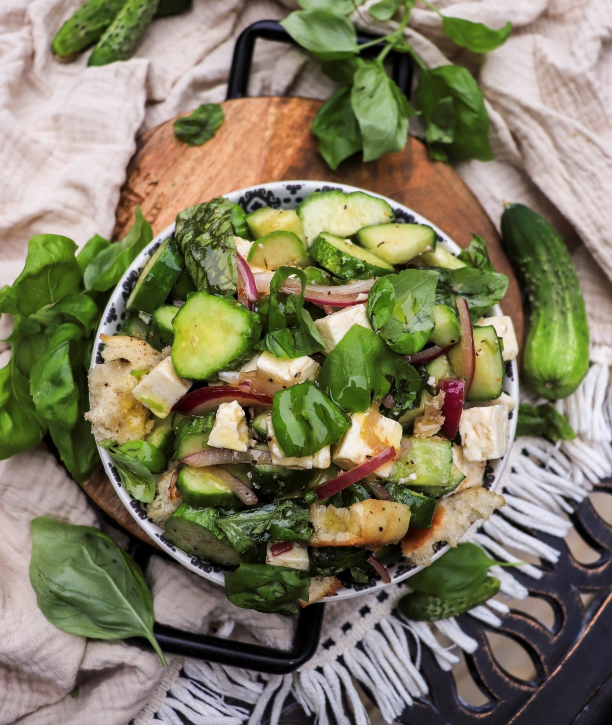 cucumber bread salad with feta and basil (panzanella-style)
