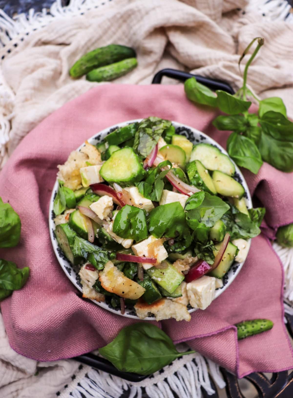 panzanella-style cucumber salad with toasted bread