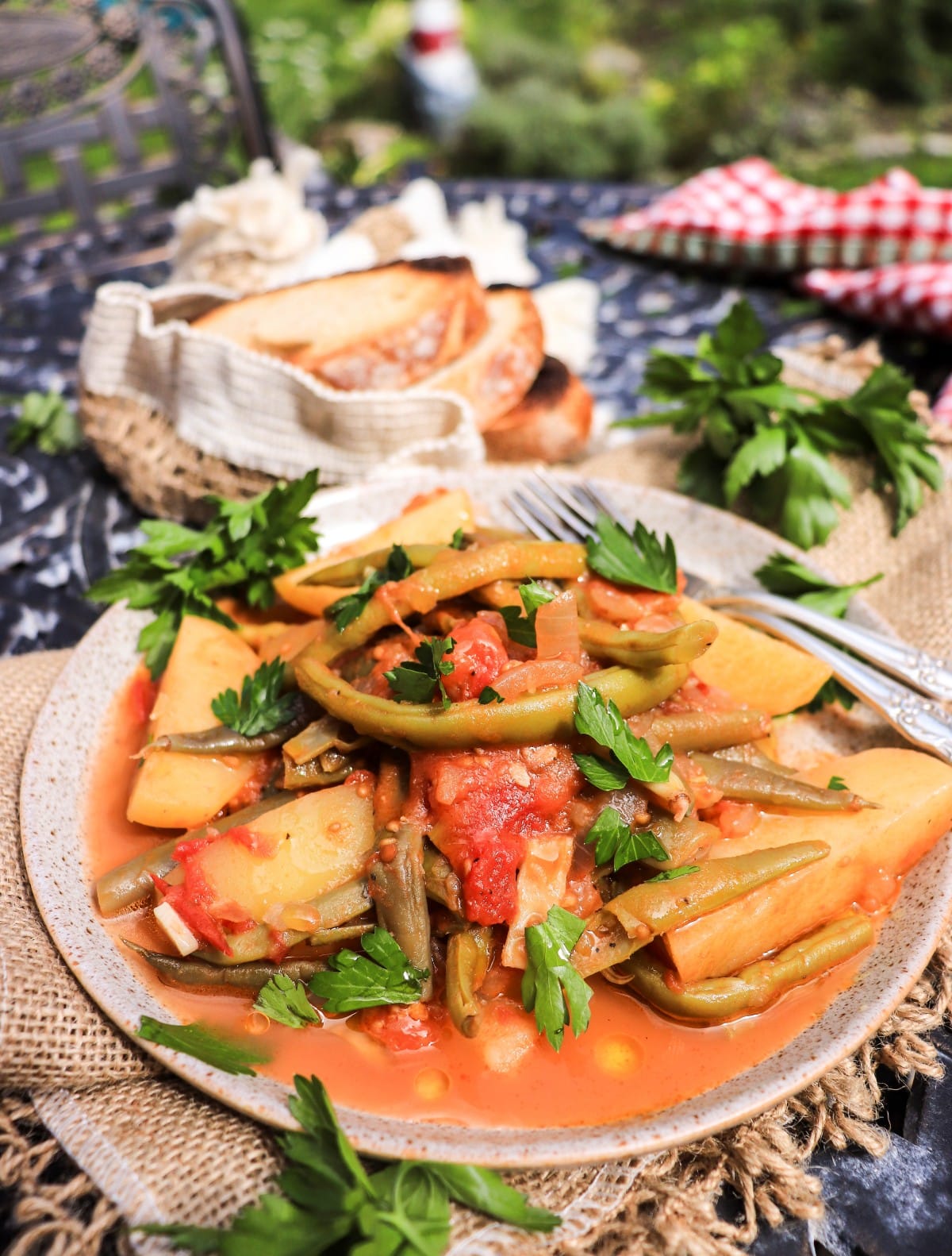 Greek green beans with potatoes in tomato sauce