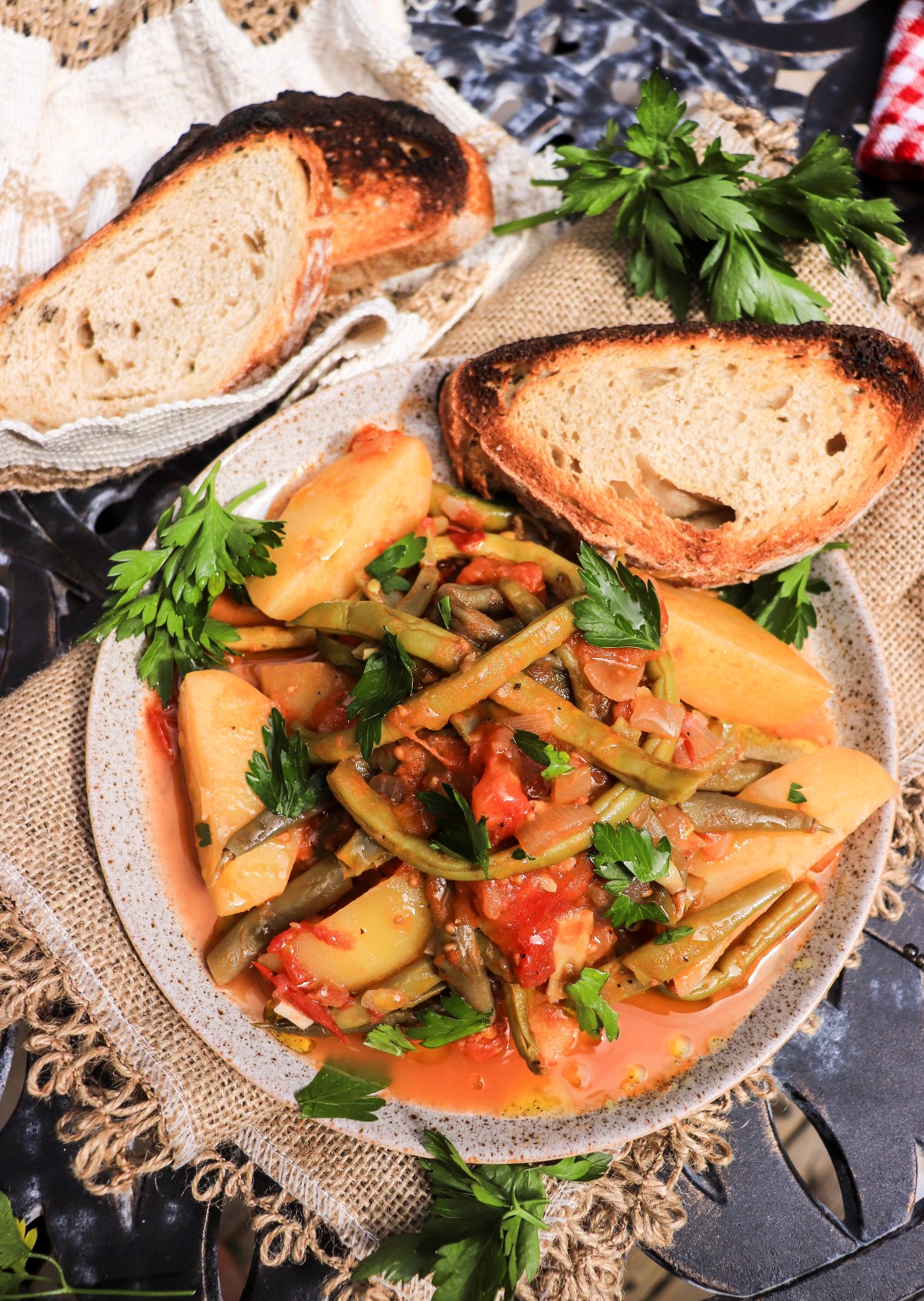 fasolakia with potatoes, green beans and tomatoes
