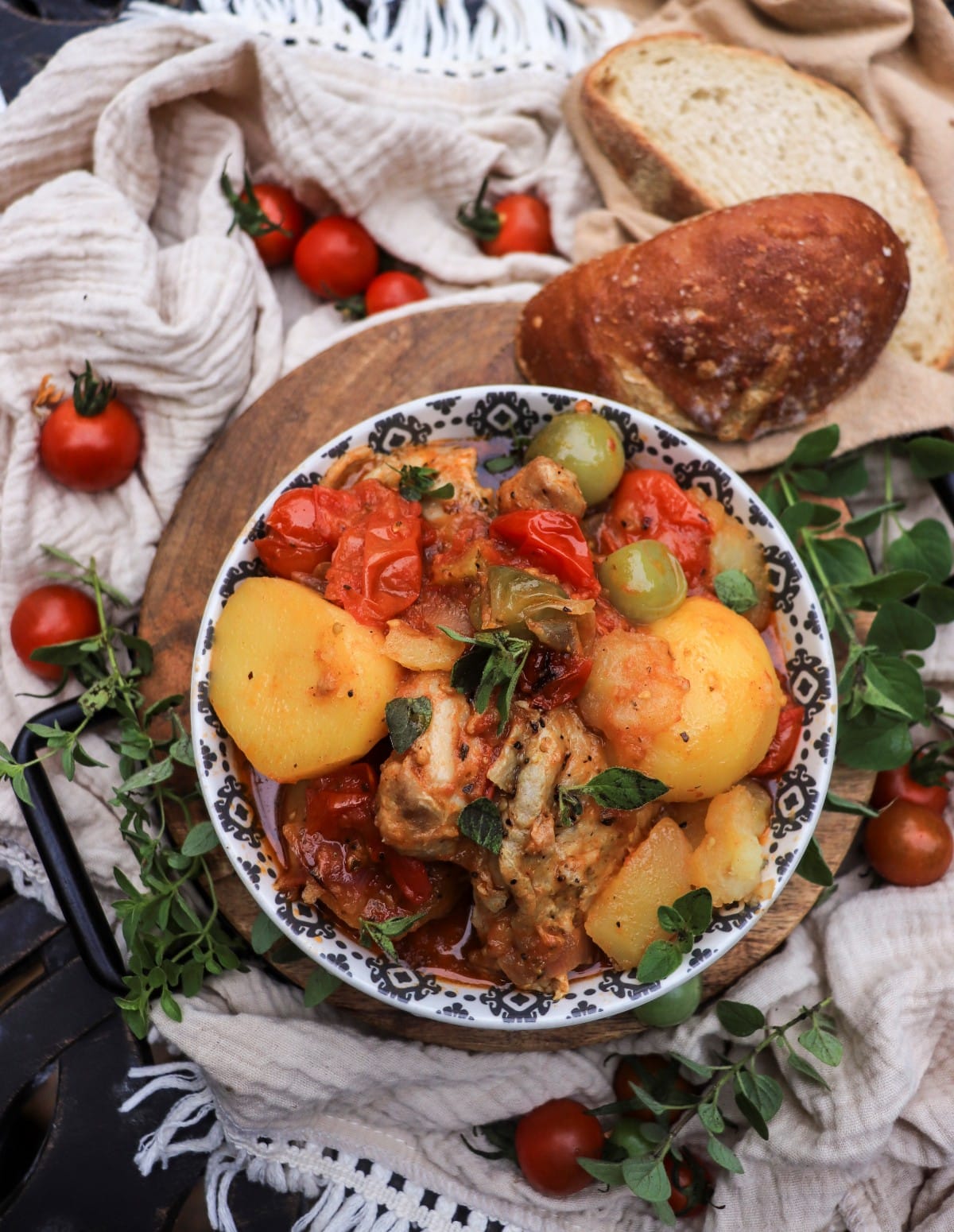 Dutch oven chicken thigh stew with fresh tomatoes