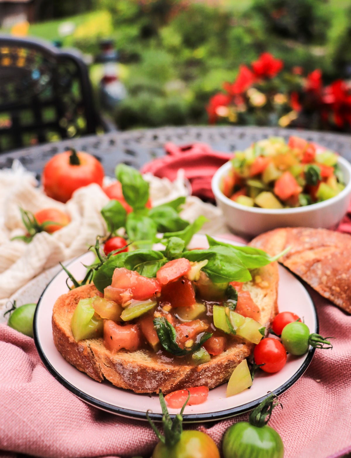 Fresh tomato relish with crisp green tomatoes served on toast