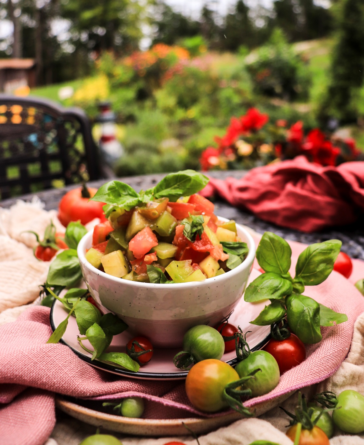 Chunky fresh tomato relish with ripe and green tomatoes