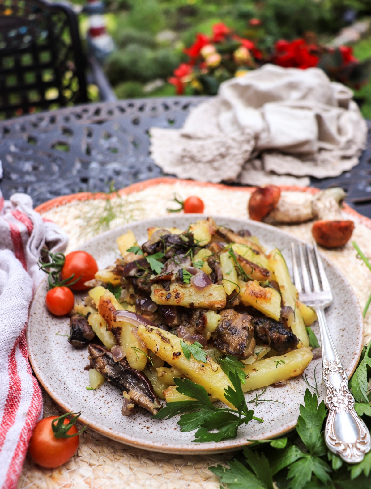 fried potatoes with wild mushrooms and onions