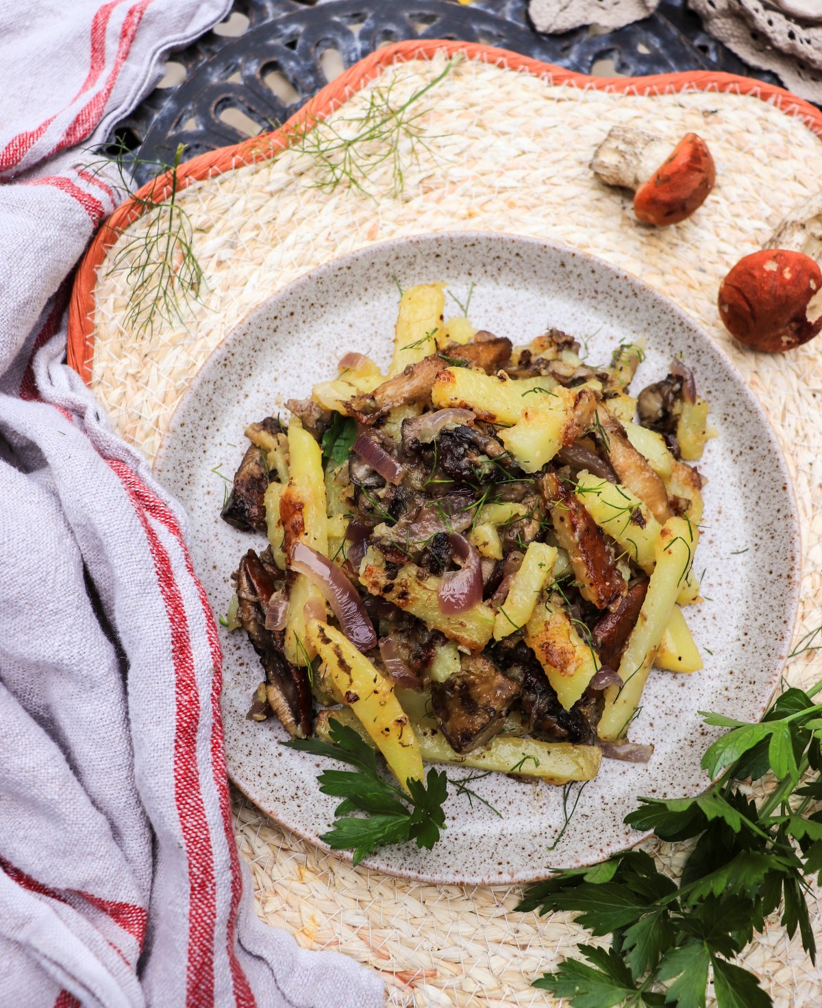 potatoes with wild boletus mushrooms and onions