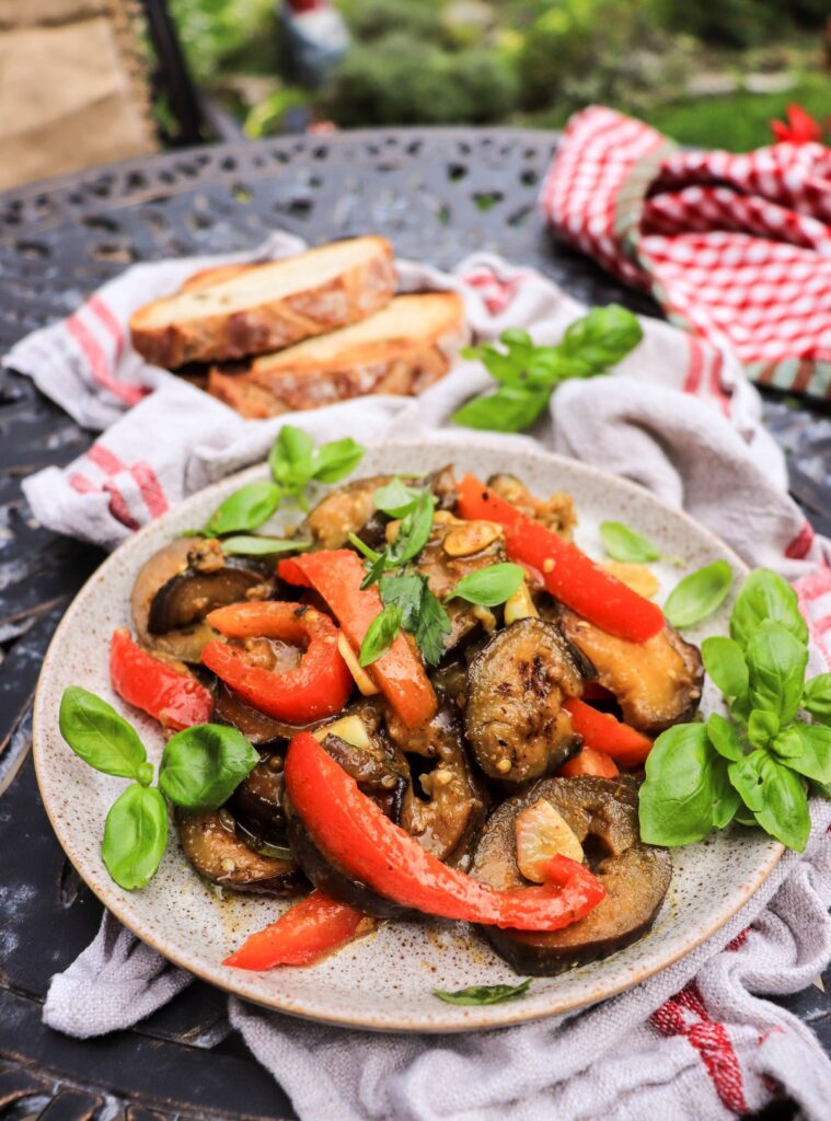 Georgian-Inspired Marinated Eggplant with Red Peppers