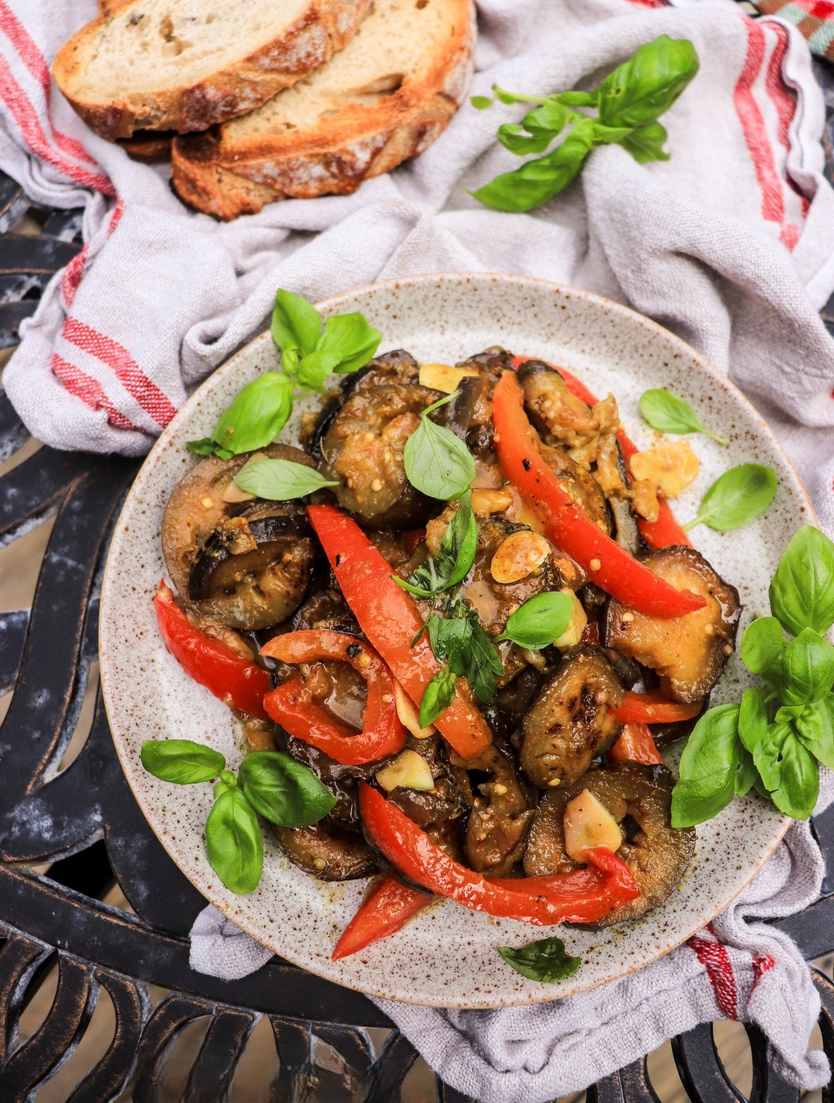 Georgian-inspired marinated eggplant with red peppers, and Georgian spices (coriander, utskho suneli, and khmeli suneli)