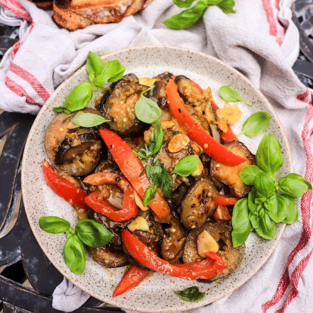 Georgian-Inspired Marinated Eggplant with Red Peppers