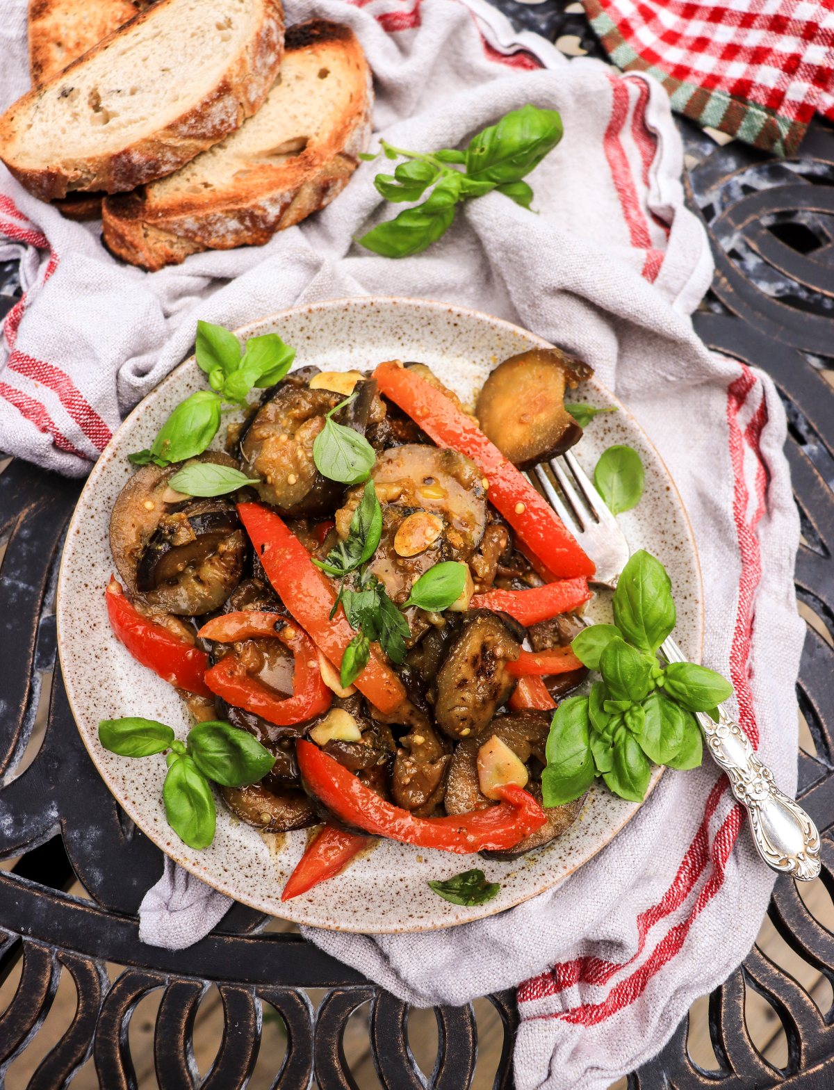 Georgian-inspired marinated eggplant with red peppers, and Georgian spices (coriander, utskho suneli, and khmeli suneli)
