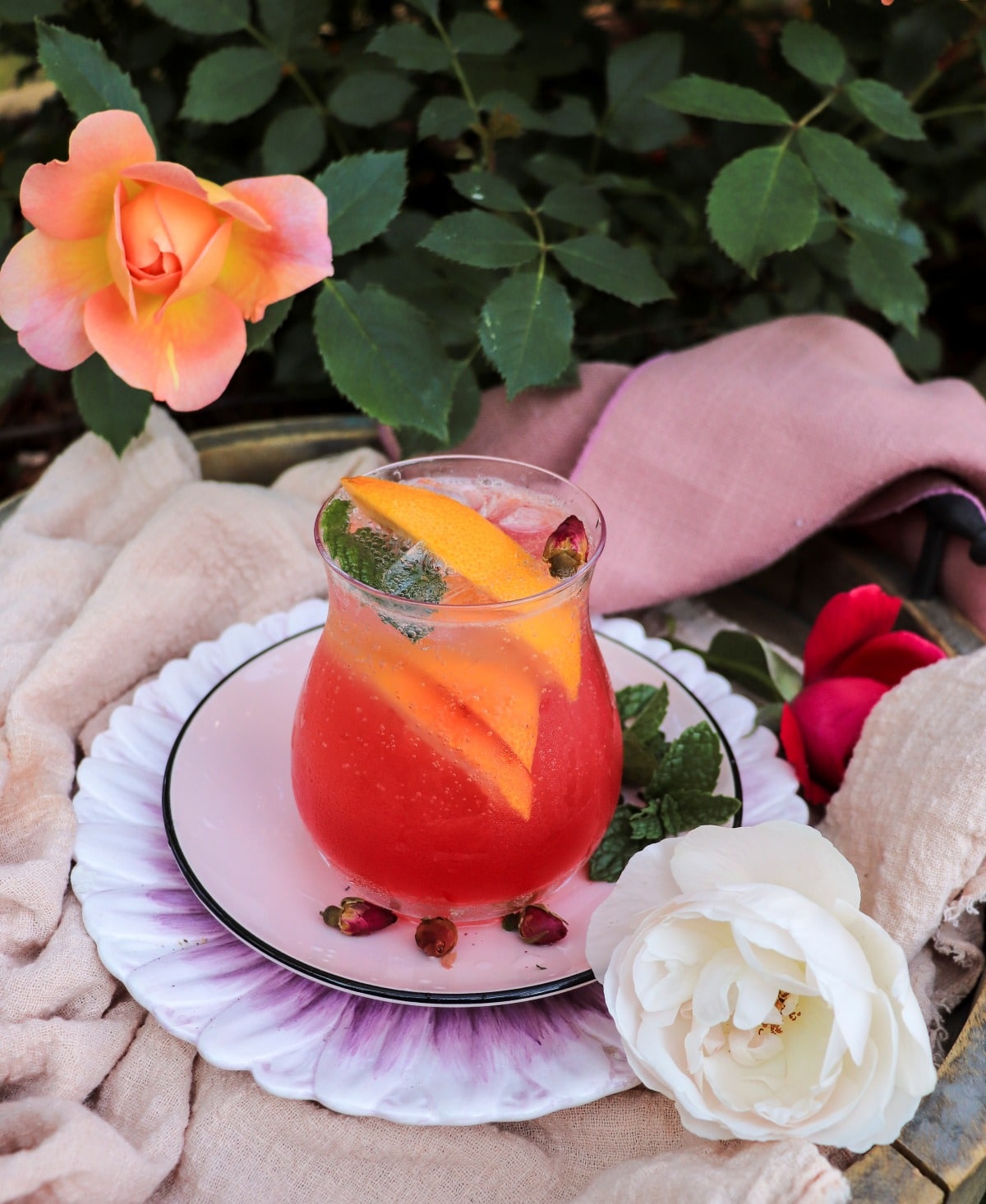 grapefruit drink with tonic water and rose syrup