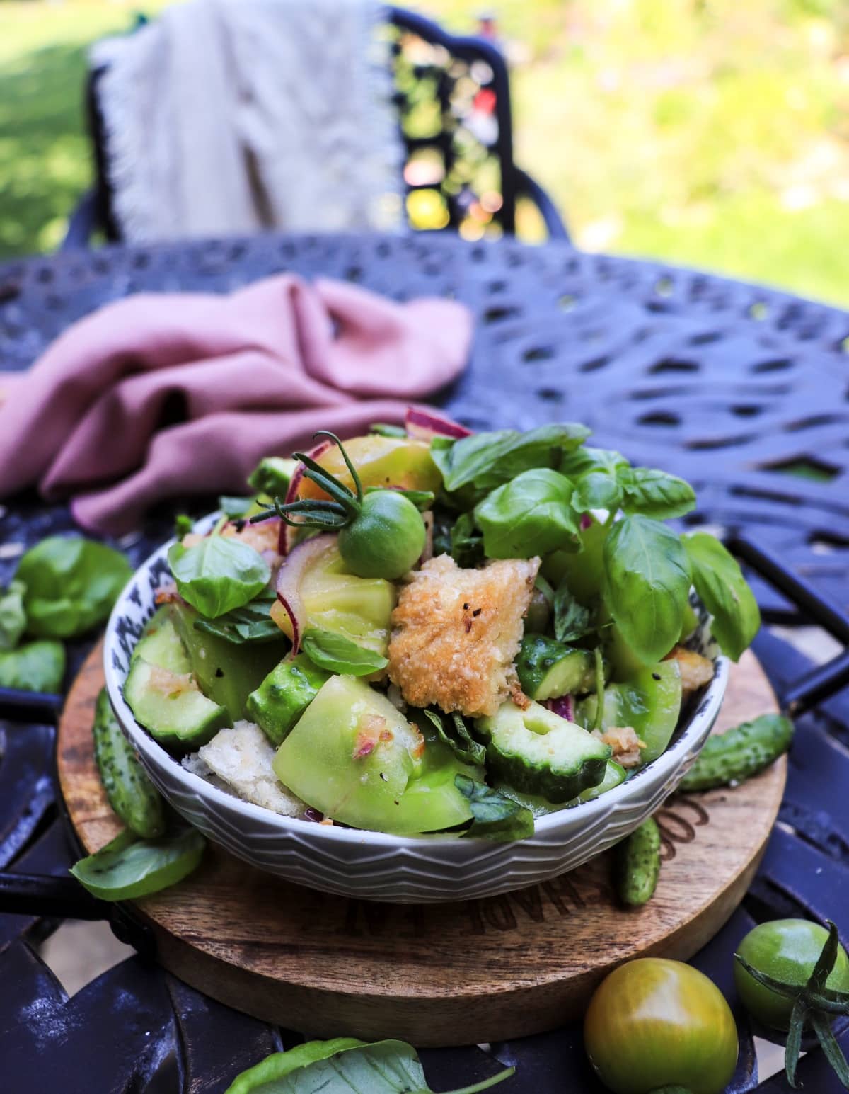 green tomato panzanella salad with cucumber and basil
