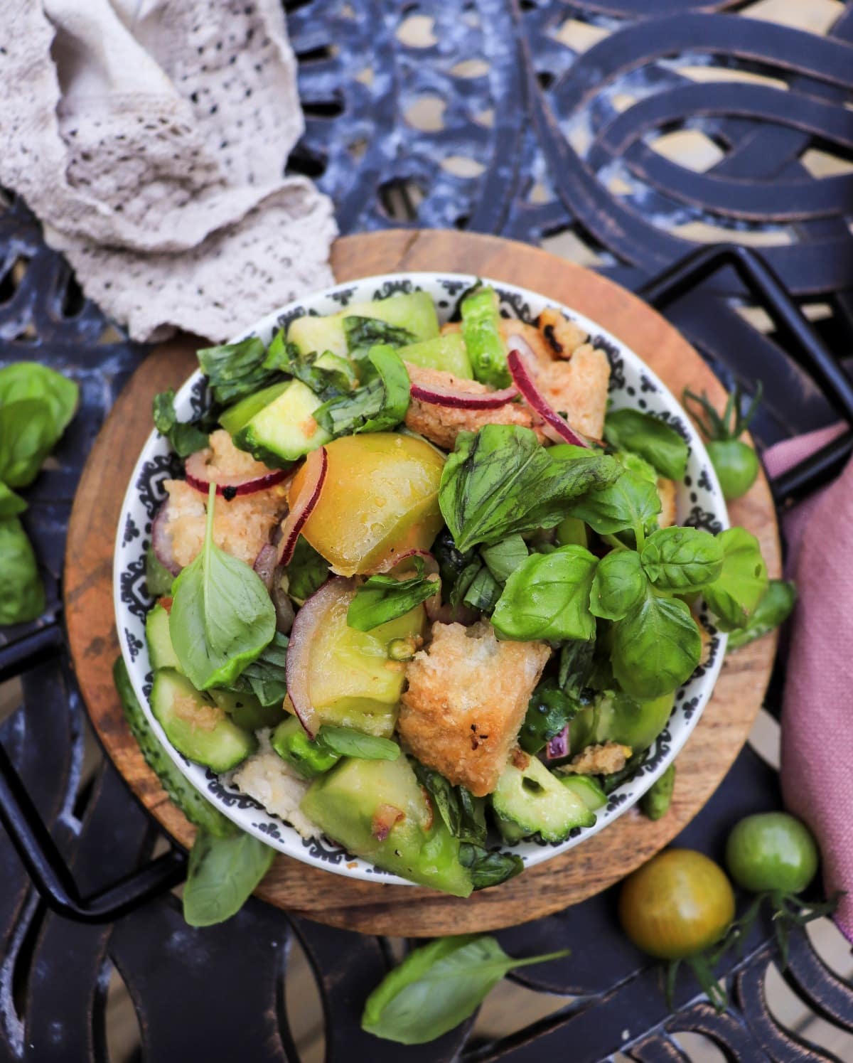 green tomato panzanella with cucumber, bread and red onion