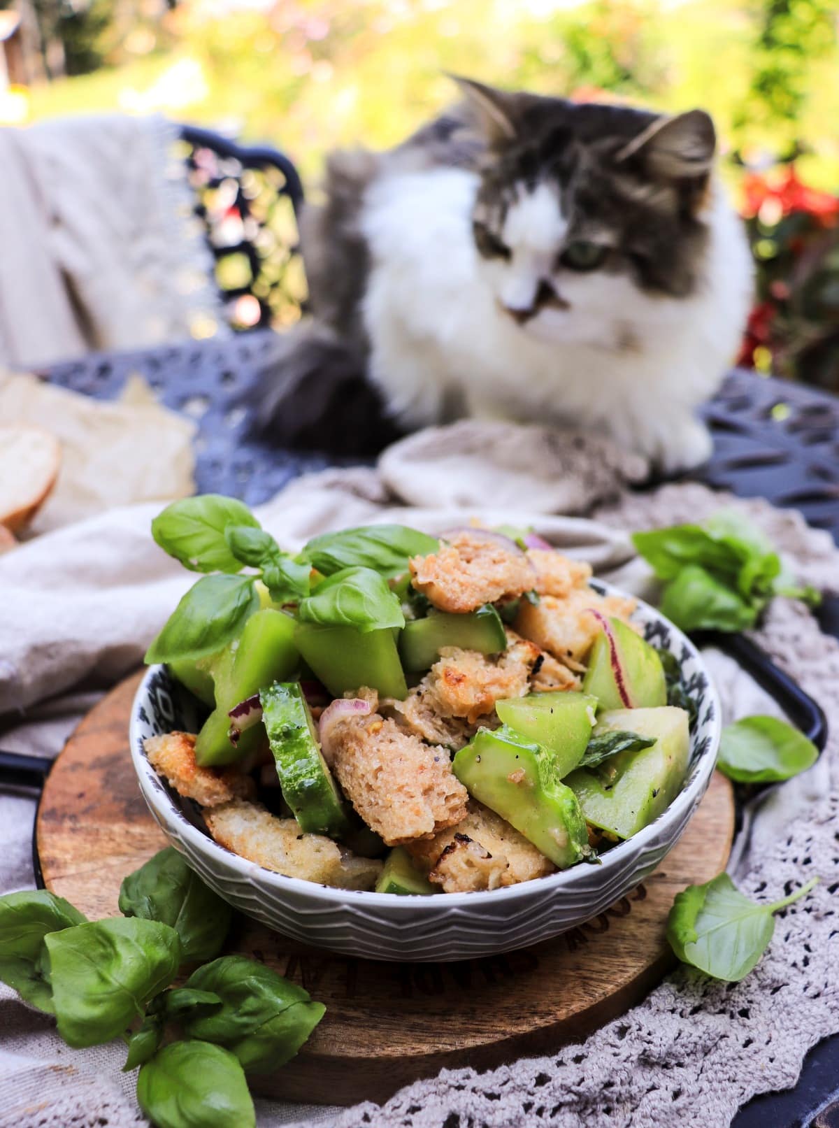 green tomato salad with bread, cucumber, and basil