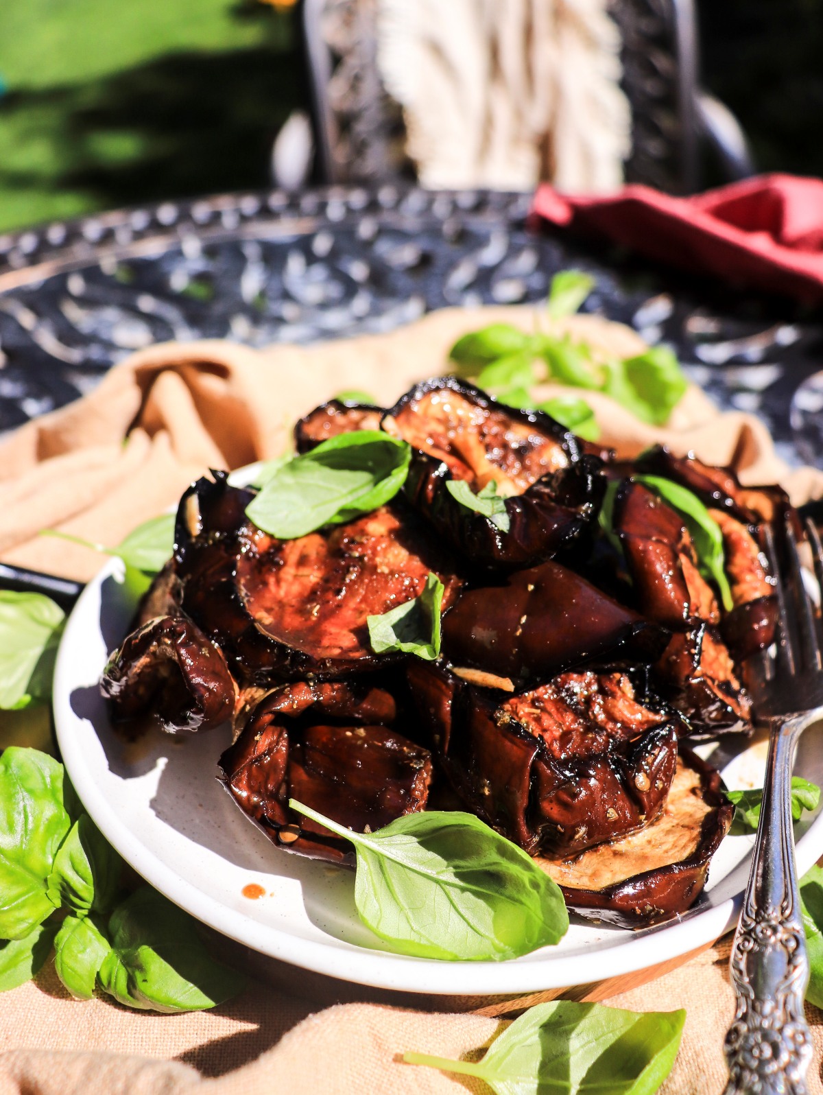Mediterranean-style grilled marinated eggplant with basil